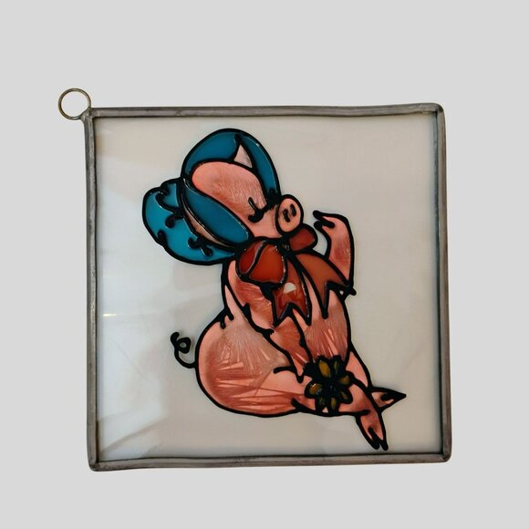 Stained Glass Pig Sun Catcher, Piglet in Blue Bonnet & Orange Bow 5" Suncatcher - Picture 6 of 6